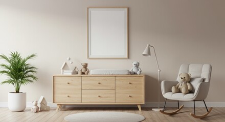 Charming nursery interior with wooden dresser, rocking chair and teddy bears