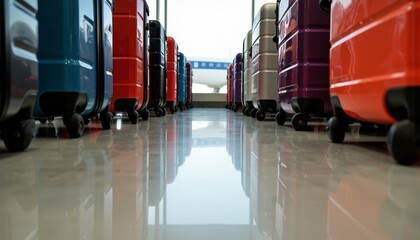 Naklejka premium Colorful luggage bags lined up in an airport terminal 