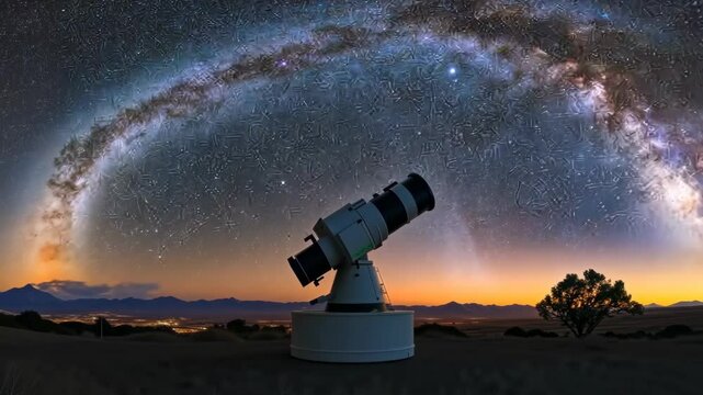 Starry night with telescope: milky way arches over observatories at dusk