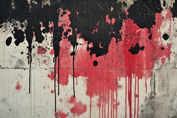 A textured wall, splattered with dripping red and black paint.