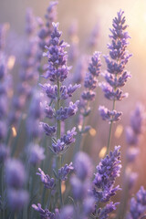 Fototapeta premium Fresh pastel purple lavender flower vines blooming with soft petals under soft sunlight on warm pastel peach background for relaxation stock photo floral botanical wallpaper background