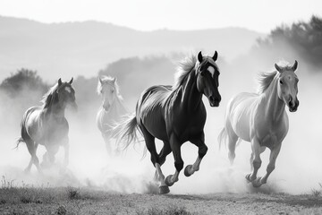 horses in the fog