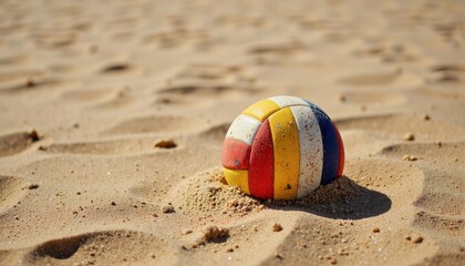 Obraz premium Colorful volleyball resting on the sandy beach 