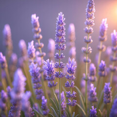 Obraz premium purple lavender flower vines blooming with fresh petals against warm pastel peach background bathed in soft sunlight stock photo floral botanical wallpaper background