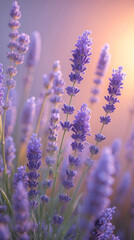 Obraz premium purple lavender flower vines blooming with delicate petals on warm pastel peach background illuminated by soft sunlight for serenity stock photo floral botanical wallpaper background