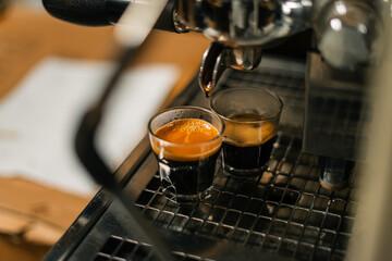 Espresso shot in a glass from a home coffee maker.