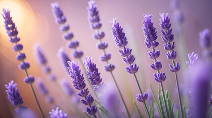 Fototapeta premium Pastel purple lavender flower vines blooming with soft petals against warm pastel peach background under soft sunlight for tranquil beauty stock photo floral botanical wallpaper background