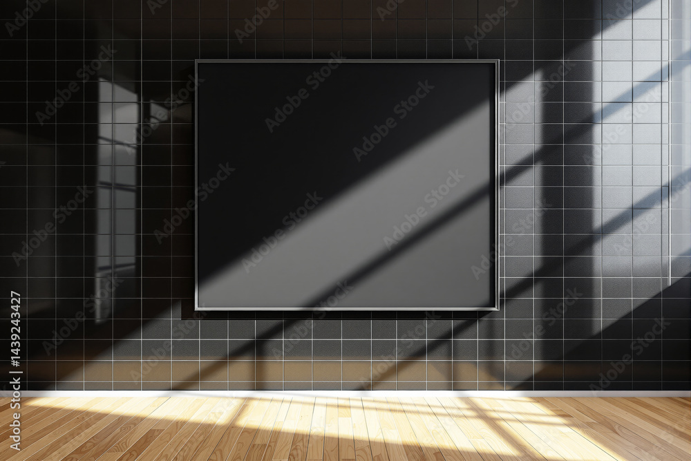 Poster black empty frame mockup on black tiled wall with sunlight and shadows.