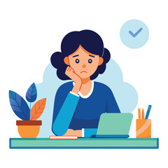 Bored woman sitting at desk. Tired sad office worker. Procrastination, burnout and boredom concept. Depressed upset exhausted lazy student. Flat vector illustration isolated on white background