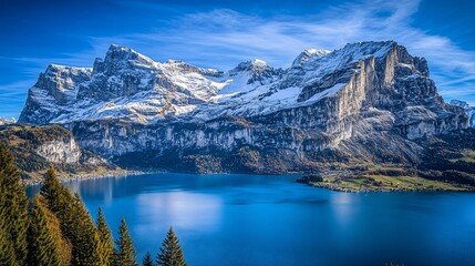 Naklejka premium Snowy mountains reflecting in a tranquil lake. Clear sky, stunning landscape