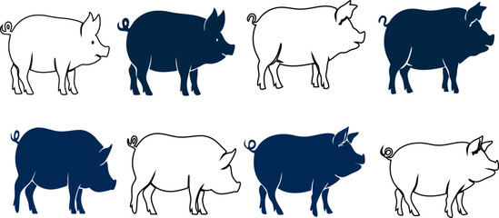 Fototapeta premium pig icon vectors set. The side profile of pork has a black outline and is isolated on white: farming, livestock, wildlife, and pet-themed graphics for design projects.