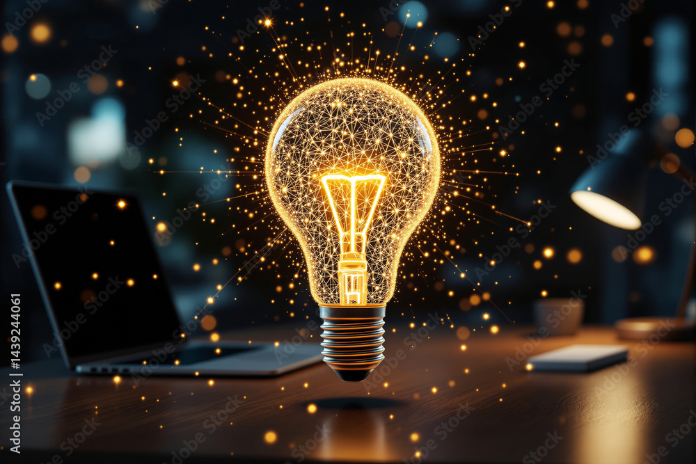 Poster glowing digital light bulb with network connections on desk in dark office background.