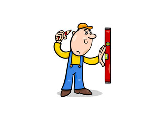 Cartoon Man Using Level Tool and Hammer for Construction