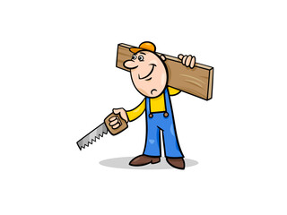 A Cartoon Carpenter With a Saw and a Wood Board