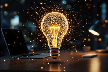 Glowing digital light bulb with network connections on desk in dark office background.