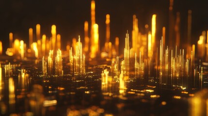 Wealth investment and economy growth 3D scene with golden stock charts, financial trade graphs, and price data success