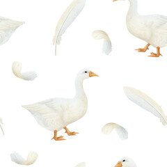 White goose with feathers and down watercolor seamless pattern. Cute waterfowl bird in hand drawn simple style. Vintage farm background for village and Easter designs