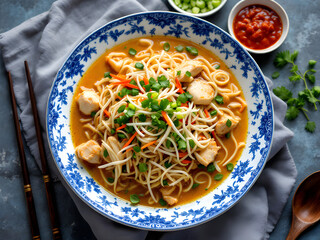 Overhead shot showcasing a vibrant bowl of Indonesian soto soup with noodles and chicken pieces.