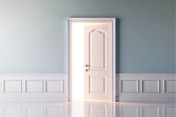Partially open white door with bright light shining through in a classic interior.