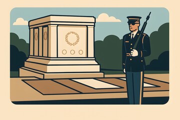 Illustrated Memorial Day tribute with military guard standing honorably at the Tomb of the Unknown Soldier, symbolic design ideal for commemorative posters, banners, and invitations.
