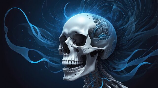 human skull on nlue light background