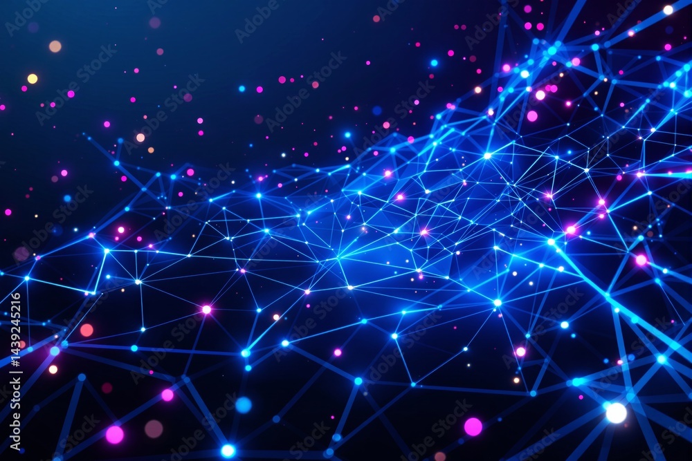 Poster abstract digital background with glowing blue and pink network connections on dark backdrop. futuris