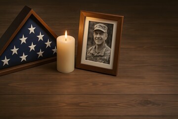Respectful Memorial Day composition showcasing portrait of military hero, candle, and folded flag, ideal imagery for honoring sacrifices, patriotic event promotions, and social media.