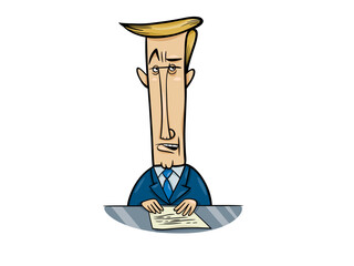 Cartoon Man in Suit Behind Desk with Document Papers