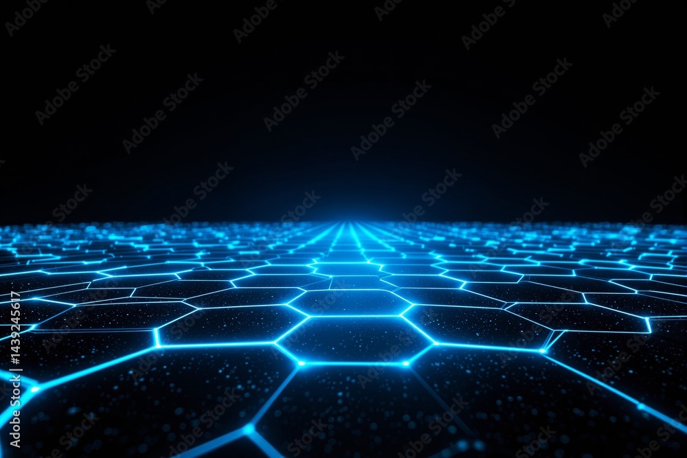 Poster futuristic glowing hexagonal grid background with blue neon lights.