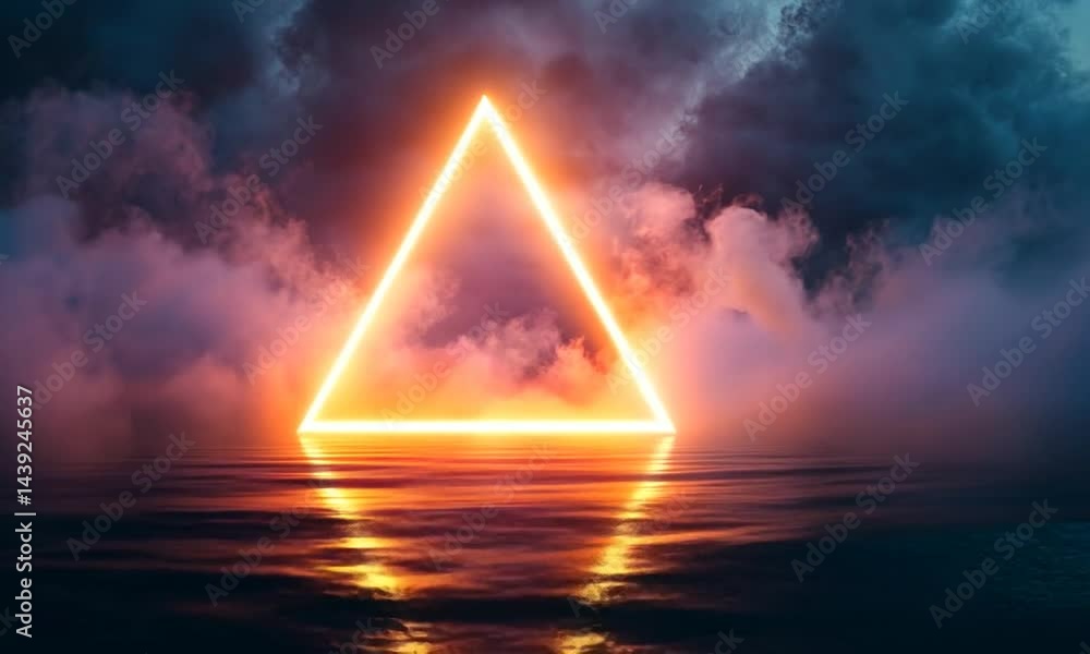 Aufkleber illuminated triangular shape floating over a calm water surface with dramatic clouds at sunset