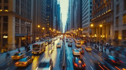 Naklejka premium City lights illuminate a rainy avenue scene