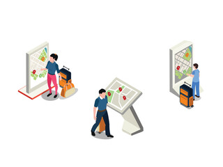  travelers with luggage using interactive city maps on information kiosks and wall-mounted displays to navigate their way