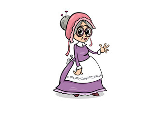 Cartoon Old Woman in Pink Dress and White Apron