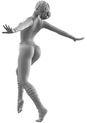 3D female mannequin in ballet dancer pose, capturing the grace and elegance of ballet movements. Ideal for dance-themed designs and artistic projects. Gey ballerina sculpture, 3D Illustration