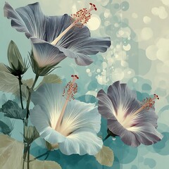 Composition of stylized flowers, buds, stems, and leaves against a soft, shimmering backdrop.