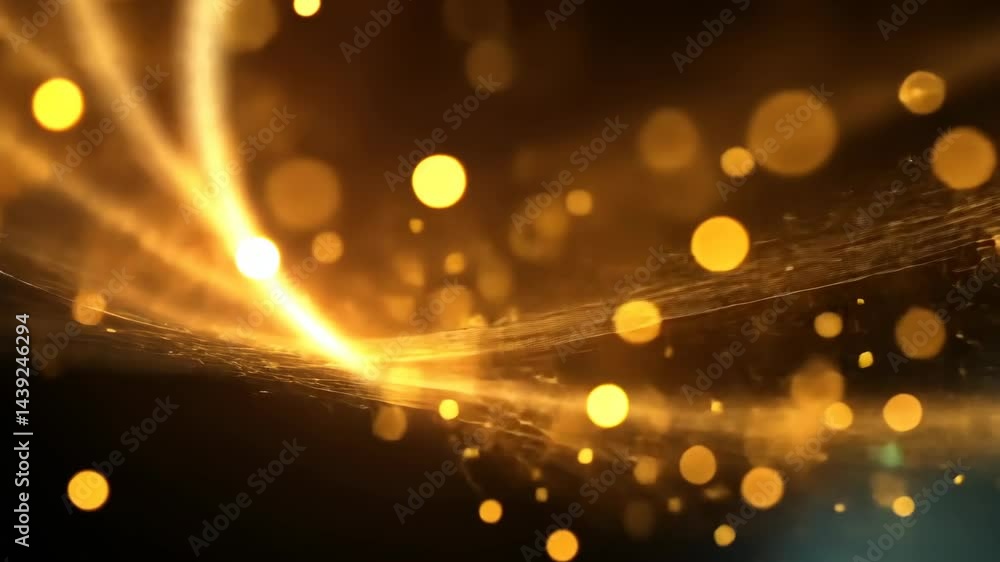 Poster golden light trails and bokeh emanating from a center point in dynamic motion