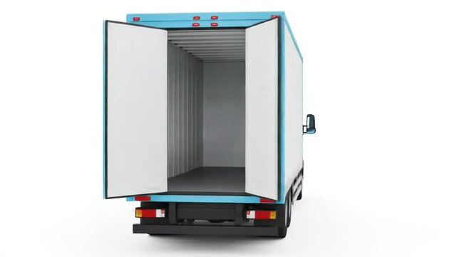Light blue delivery truck with white box rotating, rear doors opening. Isolated mockup animation for branding.