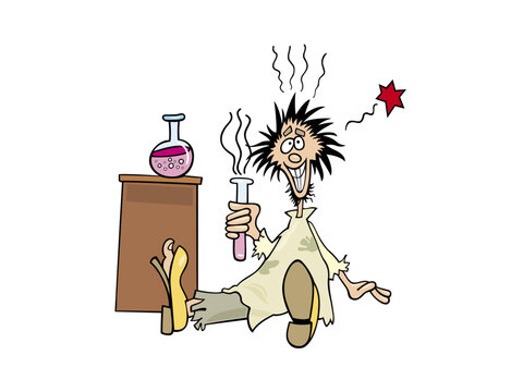 Cartoon Scientist Experiment Gone Wrong With Funny Mad Man Figure