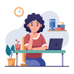 Bored woman sitting at desk. Tired sad office worker. Procrastination, burnout and boredom concept. Depressed upset exhausted lazy student. Flat vector illustration isolated on white background