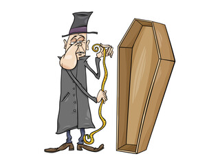 A Cartoon Undertaker with a Coffin on a Black Background