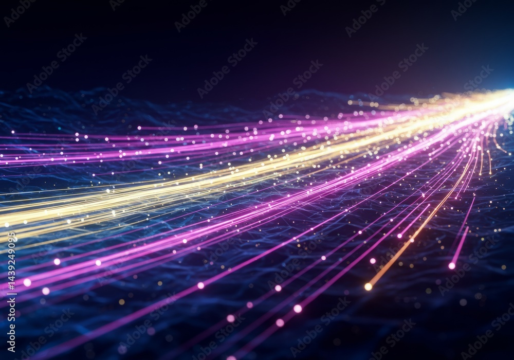 Poster futuristic data stream with glowing lines and particles in cyberspace