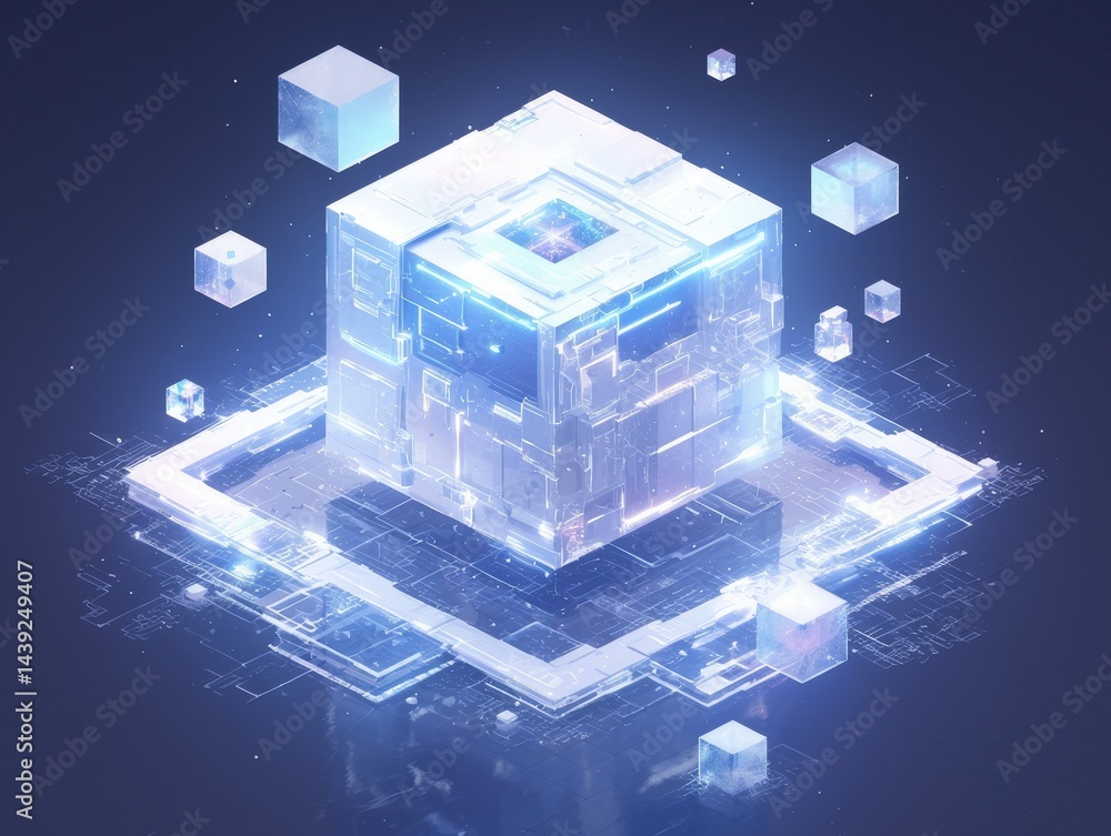 Poster glowing, translucent cube on circuit board, surrounded by smaller cubes. futuristic design