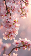 Obraz premium Baby pink cherry blossom flower vines blooming with fresh soft petals under gentle sunlight on a warm pink pastel background for serenity stock photo floral botanical wallpaper background
