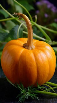 Bright orange pumpkin surrounded by green vines on dark surface outdoors during harvest season in early autumn