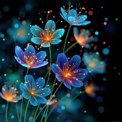 Glowing blossoms flying floating lights concept. Vibrant floral illustration with glowing elements against a dark background.