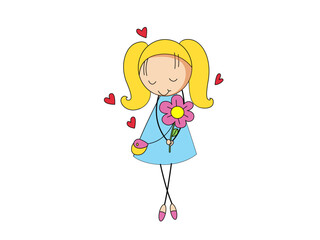 A Cartoon Girl Enjoys Flowers and Hearts in Springtime