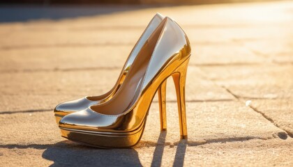 Naklejka premium Elegant gold high heels, a pair of shoes that embody luxury and beauty, set against the morning sun and symbolizing warmth.