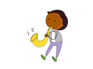 Animated man in jacket playing golden saxophone on a black background