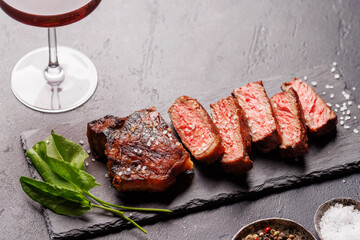 A perfectly cooked sliced striploin steak with a juicy, tender texture