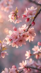 Blooming baby pink cherry blossom flower vines with fresh petals on warm pink pastel background bathed in soft sunlight for relaxation stock photo floral botanical wallpaper background